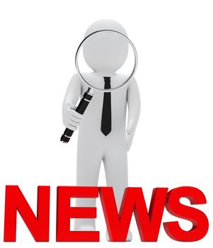 businessman look with magnifying glass red news