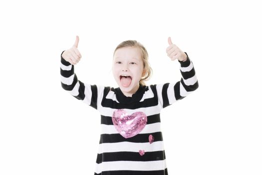 young girl giving a thumbs up sign and sticking her tongue out isolated on white