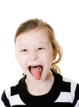 young girl sticking her tongue out isolated on white