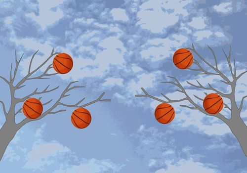 Basketballs are hanging on the trees against the sky