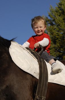very young boy on a big brown horse