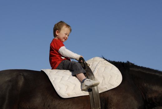 very young boy on a big brown horse