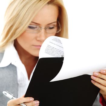 business woman hold a folder of papers  and write