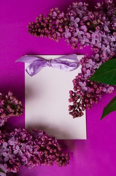 Greeting card with lilac flowers over violet