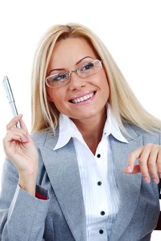 business woman in glasses on white background pen in hands