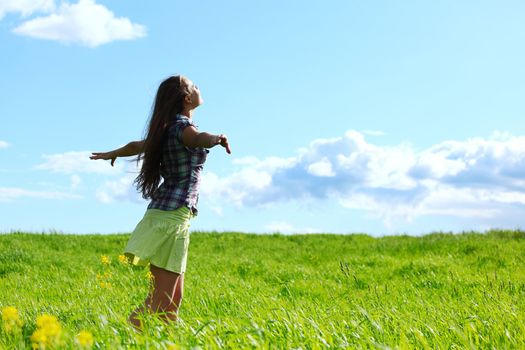 summer woman fly in blue sky