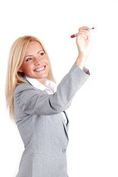 business woman draws on the glass