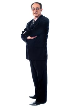 Company manager crossed arms, wearing black suit with eyeglasses