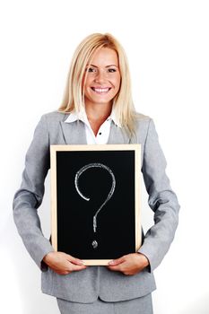 business woman take question sign in hands