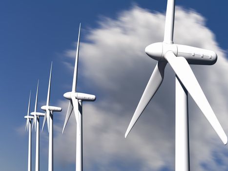 Wind turbines with sky and clouds on background