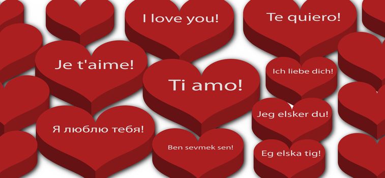 A lot of hearts with inscription at different languages