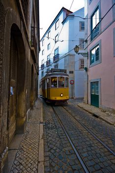 one of the old trams in the streets of Lisbon