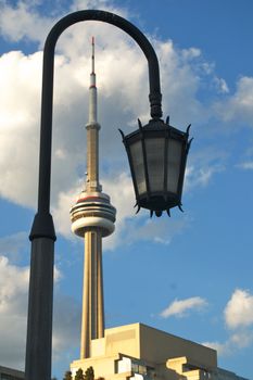 The CN Tower and a decorative lamppost.