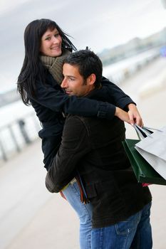 Couple hugging in the street