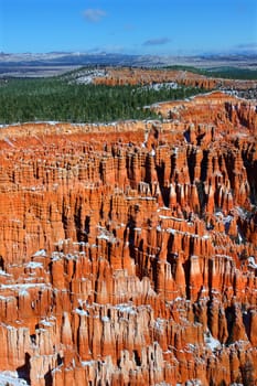 Beautiful orange hoodoos of Bryce Canyon National Park on chilly day.