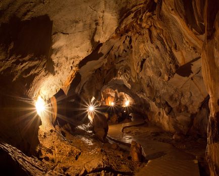 Lighting and walkway in cave of Laos