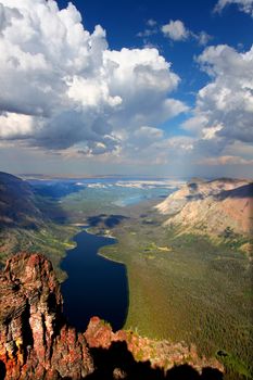 Spectacular view of Two Medicine Lake from the top of Mount Sinopah in Glacier National Park.