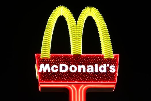 Las Vegas, USA - October 29, 2011: McDonald's is a fast food chain that operates restaurants around the world.  Seen here is a particularly glitzy McDonald's Sign to fit in with the bright lights of Las Vegas, Nevada.