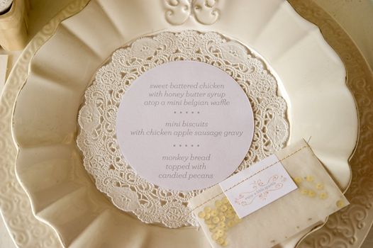 Image of the dinner menu on a plate at wedding reception