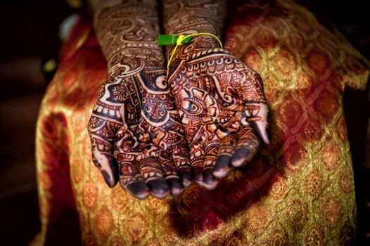 Image of beautifully detailed henna designed tattoos on hands of an Indian bride wearing a traditional sari