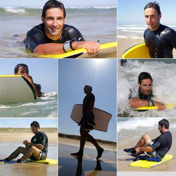 Collage of a man surfing