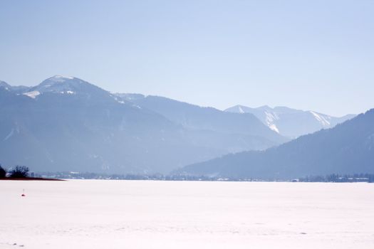 Views of the Tegernsee in the Tegernsee valley with mountains in the background