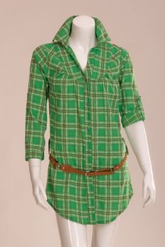 Green checkered blouse with a brown belt on a