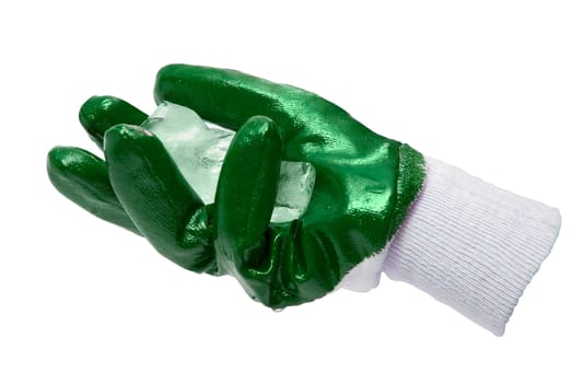 Green glove with blocks of ice isolate on white