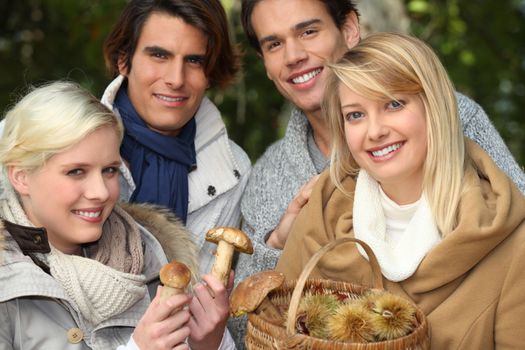 two couples gathering mushrooms