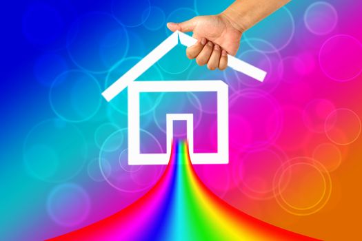 Hand and icon house with Rainbow