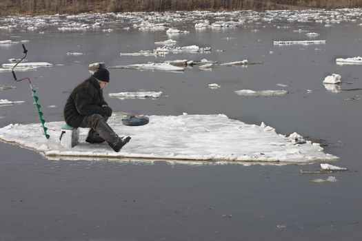 A fisherman on the ice fishing - a comic collage