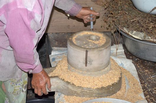 Famer milling paddy rice with millstone