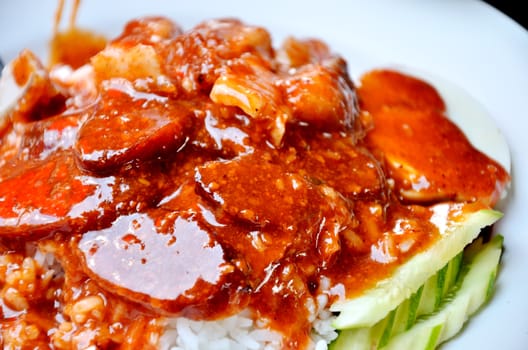 Rice with roasted pork in white dish