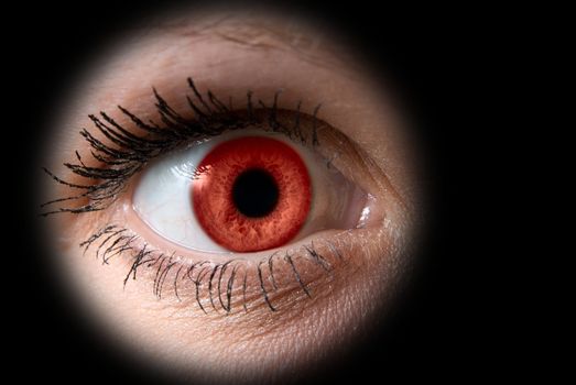 extreme close-up of red bllod female eye on dark
