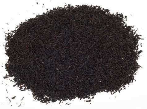 Handful of black tea leaves on white background 
