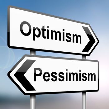 illustration depicting a sign post with directional arrows containing a pessimist or optimist concept. Blurred background.