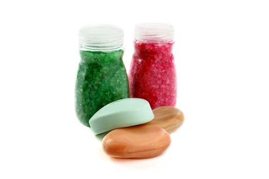 Aromatic salt and soap on a white background