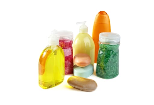 Aromatic salt soap and shampoo on a white background