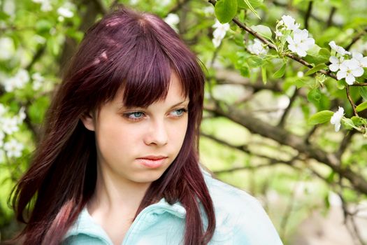 girl  teenager against a blossoming pear in the spring afternoon