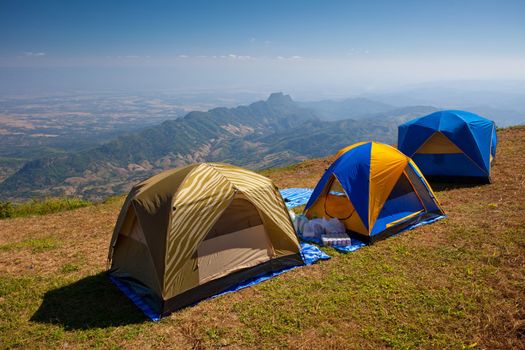 Tourist tent in mountain landscape in Thailand