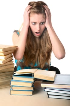 The girl scaredly take hands a head on  white background