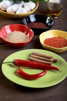 Plates with spices on an old wooden table