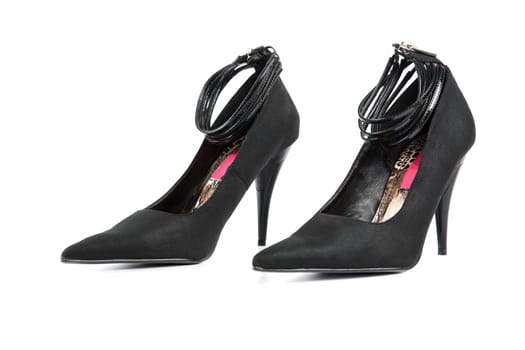 Woman black shoes on the white background