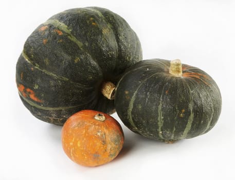 Yellow and green pumpkins on a white background