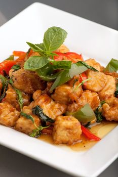 Fresh Thai food stir fry with tofu and white jasmine rice. 