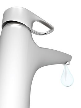 Shining metal faucet and a transparent drop on a white background