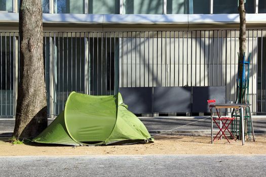 tent of a homeless, poverty in the streets of Paris France
