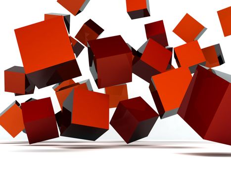 Falling and hitting red cubes on a white background