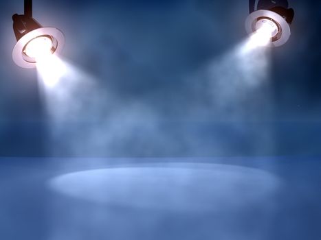 Two working spotlights on a club stage in clots of a smoke