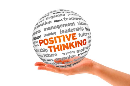 Hand holding a Positive Thinking 3d word Sphere on white background. 